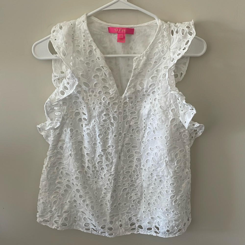 Lilly Pulitzer White Eyelet Flutter Sleeve Blouse XXS